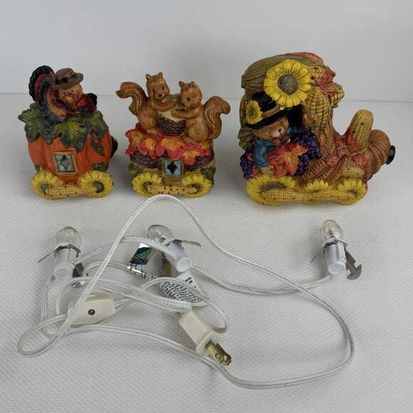 Vintage Ceramic Light-Up Train Set Autumn Harvest Fall Cornucopia Squirrels 3 pc - Picture 8 of 16
